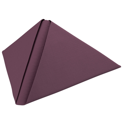 A folded napkin in pyramid shape stands upright. This Dunilin® napkin from Duni GmbH is in a solid mauve color with a subtle textured pattern, offering the elegance of a fabric-like disposable napkin and is fully compostable. The pack contains 45 pieces with dimensions of 40 x 40 cm.