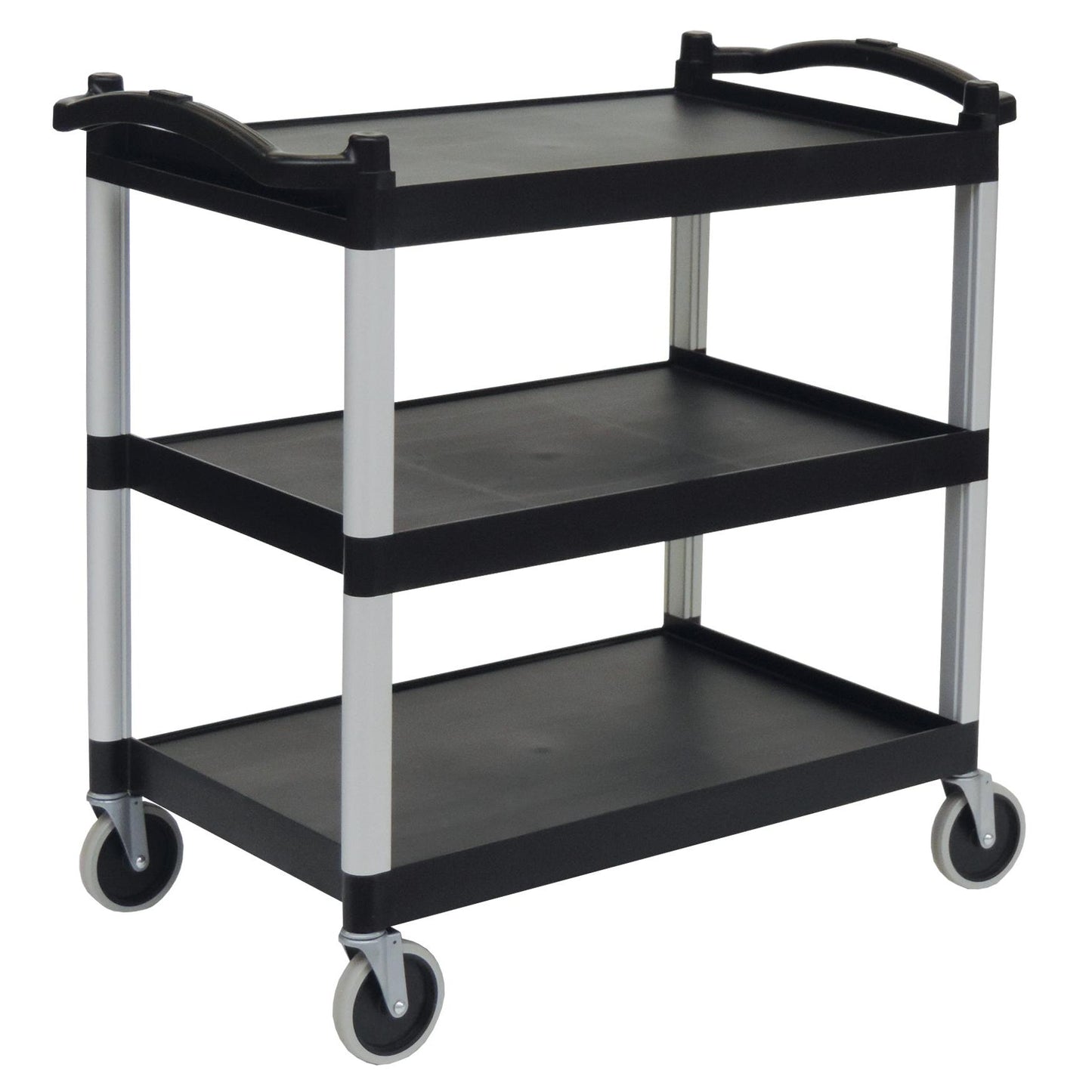 The Novocal multi-purpose trolley plastic features 3 open plastic shelves, a black frame, and four swivel wheels - ideal for transporting items. Brand: Novocal. Package: 1 piece.