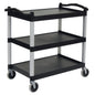 The Novocal multi-purpose trolley plastic features 3 open plastic shelves, a black frame, and four swivel wheels - ideal for transporting items. Brand: Novocal. Package: 1 piece.