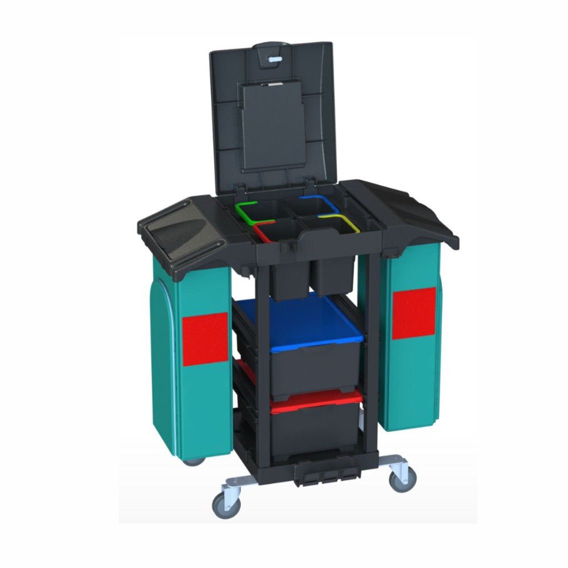 The Arcora Ecoblack 150 (1030 x 600 x 1100 mm) cleaning trolley from Arcora International GmbH features a black frame, side compartments, and four colored containers for easy organization of your shipping packages. Delivered as a single piece in a carton.