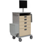 Das Novocal EDV-Wagen Fahrgestell verfügt über eine robuste Vollkunststoffplatte, vier beigefarbene Schubladen, einen grauen Griff, eine Halterung für Flachbildschirme, Räder für Mobilität und ein praktisches Seitenfach.