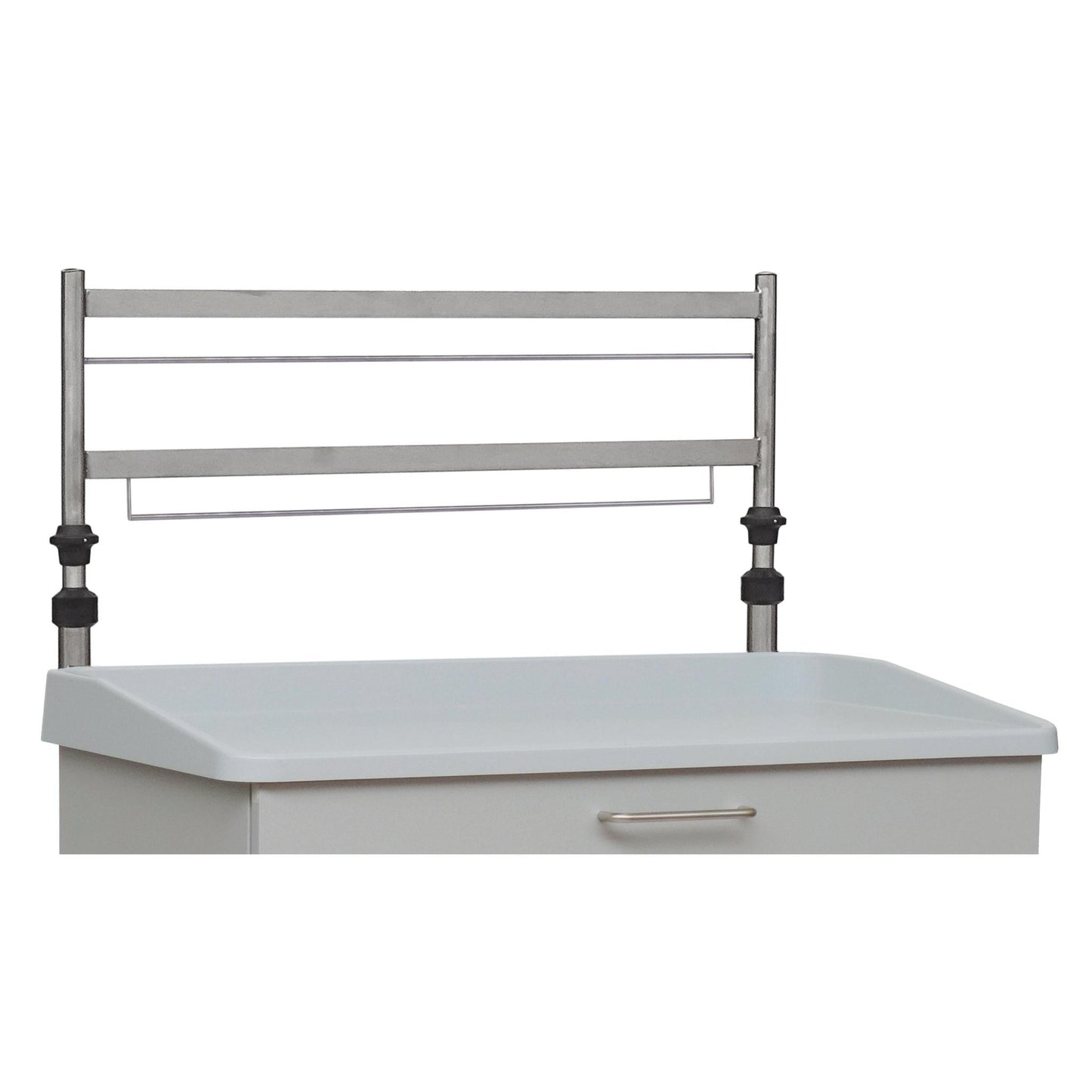 The Novocal Euroschiene 2-fold, a height-adjustable metal frame for rear wall mounting, is mounted above a white cabinet with a handle and raised edge.