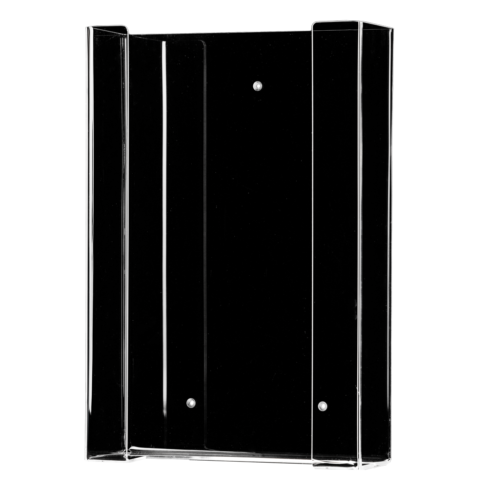 Der AMPri Einmalhandschuh Spender für 3 Boxen (258 x 392 x 96 mm) ist ein transparenter, milchiger Acryl-Handschuh-Spenderhalter TRIO mit zwei Seitenwänden, einer flachen Rückseite und drei Schraublöchern für die Wandmontage. Abgebildet leer auf einem schlichten weißen Hintergrund.