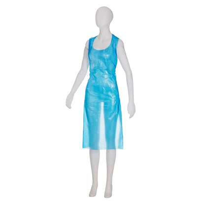 A white mannequin is wearing a sleeveless, knee-length blue "disposable apron light, 75 x 125 cm" from AMPri Handelsgesellschaft mbH - an ideal hygienic solution for food processing. The background is solid white.