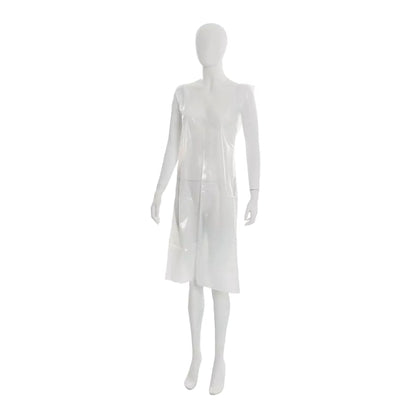 A white mannequin is wearing a transparent, sleeveless, knee-length plastic vest (disposable apron light, 75 x 125 cm from AMPri Handelsgesellschaft mbH), ideal for hygiene protection in food processing. The background is solid white.