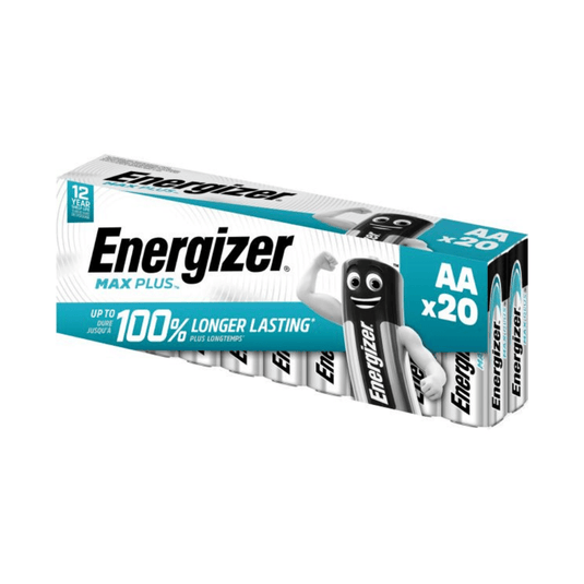 Pictured is a 20-pack of Energizer Max Plus Mignon AA batteries from Energizer Deutschland GmbH. The packaging advertises a “100% longer life” and a shelf life of 12 years. The brand name “Energizer Max Plus” is prominently displayed, along with an image of a battery figure with arms, which underscores the battery’s long runtime and reliability.