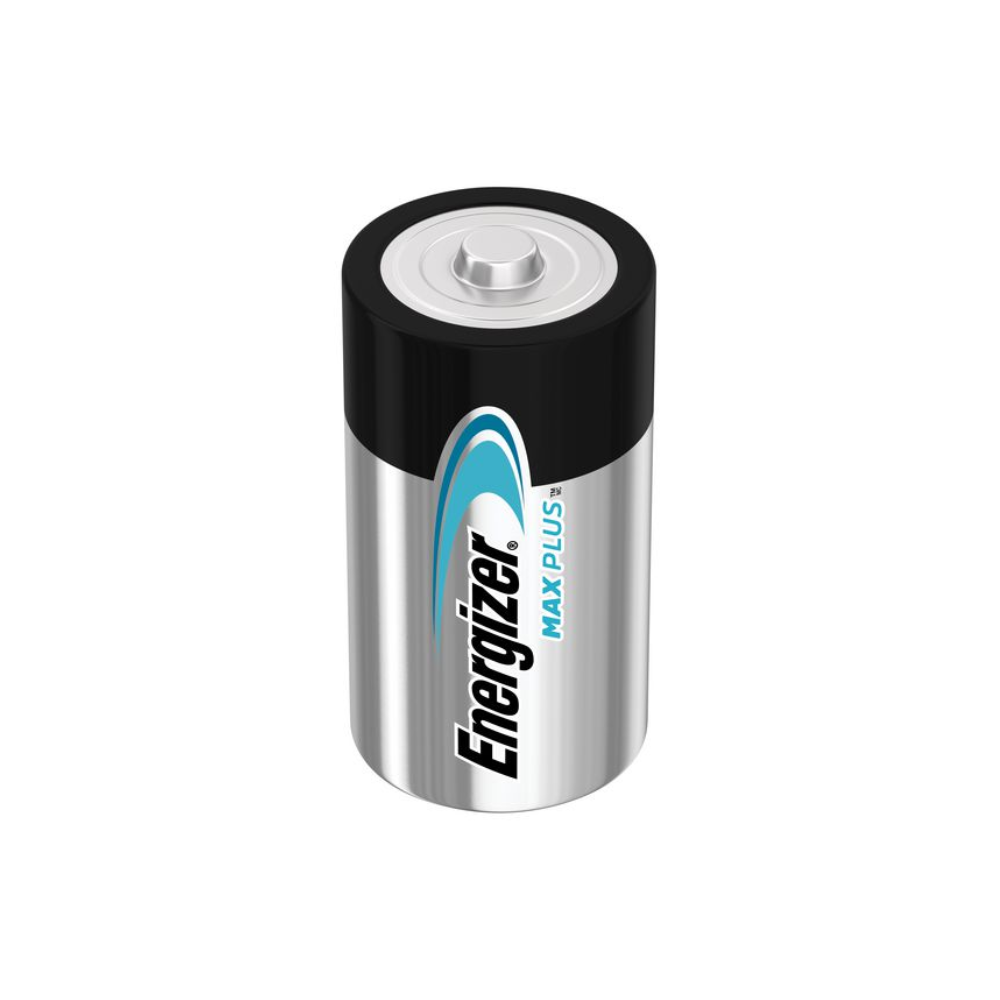 A cylindrical battery with a silver casing and black top with the inscription "Energizer Max Plus Mono D LR20 Alkaline 1.5V Battery | Pack (20 pieces)" from Energizer Deutschland GmbH, which provides a powerful energy source. The Energizer logo and the blue accent design are visible on the front, and the top has a visible positive terminal.