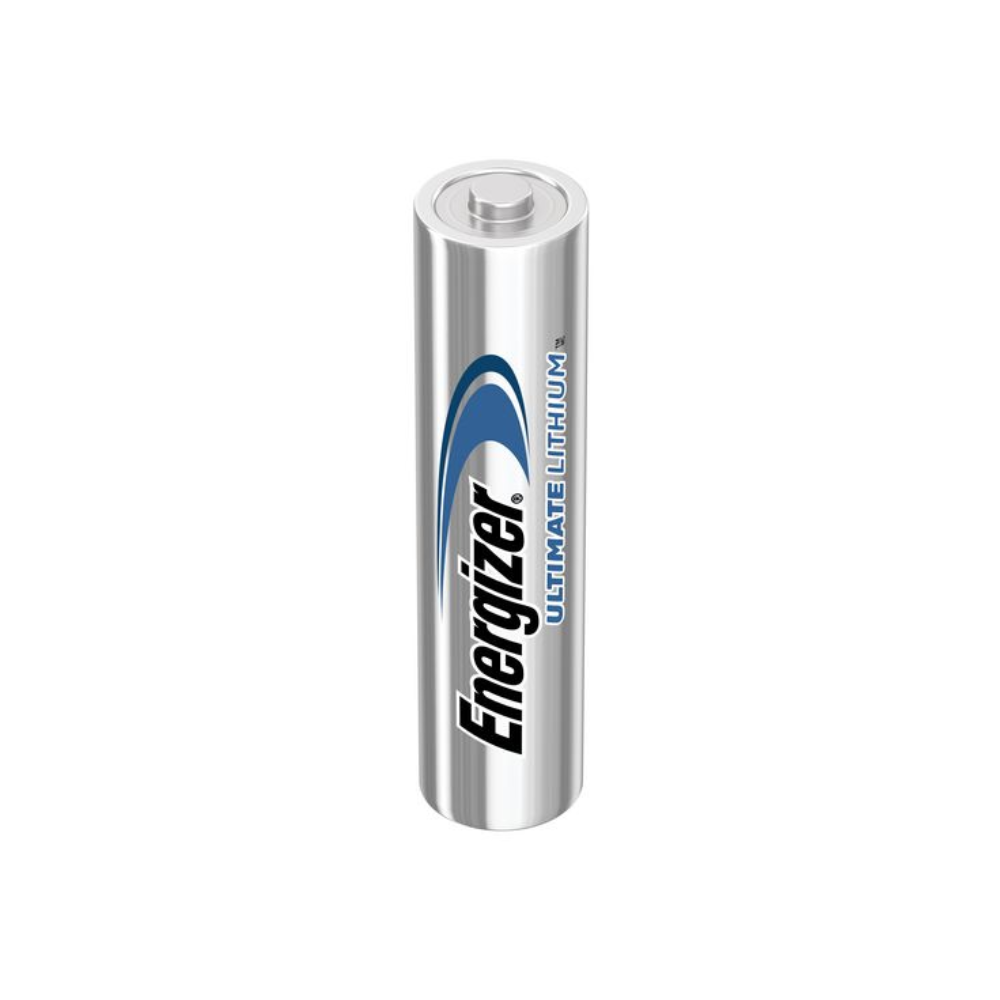 A single Energizer Ultimate Lithium Micro, LR03 AAA battery | Pack (10 pieces) stands upright and showcases its sleek metallic-silver finish. The brand logo is prominently placed on the side in black and blue. This AAA battery is ideal for high-tech applications and ensures long-lasting performance and reliability.