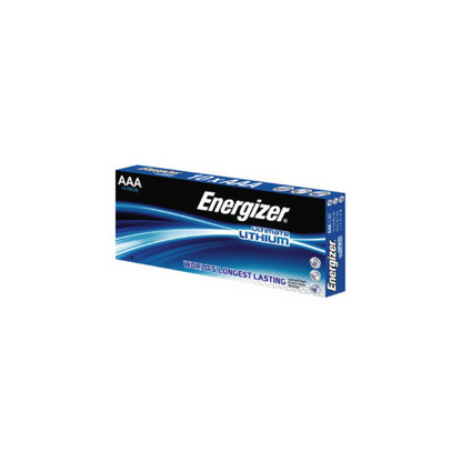 Pictured is a pack of Energizer Ultimate Lithium Micro, LR03 AAA batteries | Pack (10 pieces) from Energizer Deutschland GmbH. The packaging is mainly blue with white and silver text and promises 'The world's longest-lasting batteries'. It contains ten 1.5V batteries, perfect for high-tech applications.