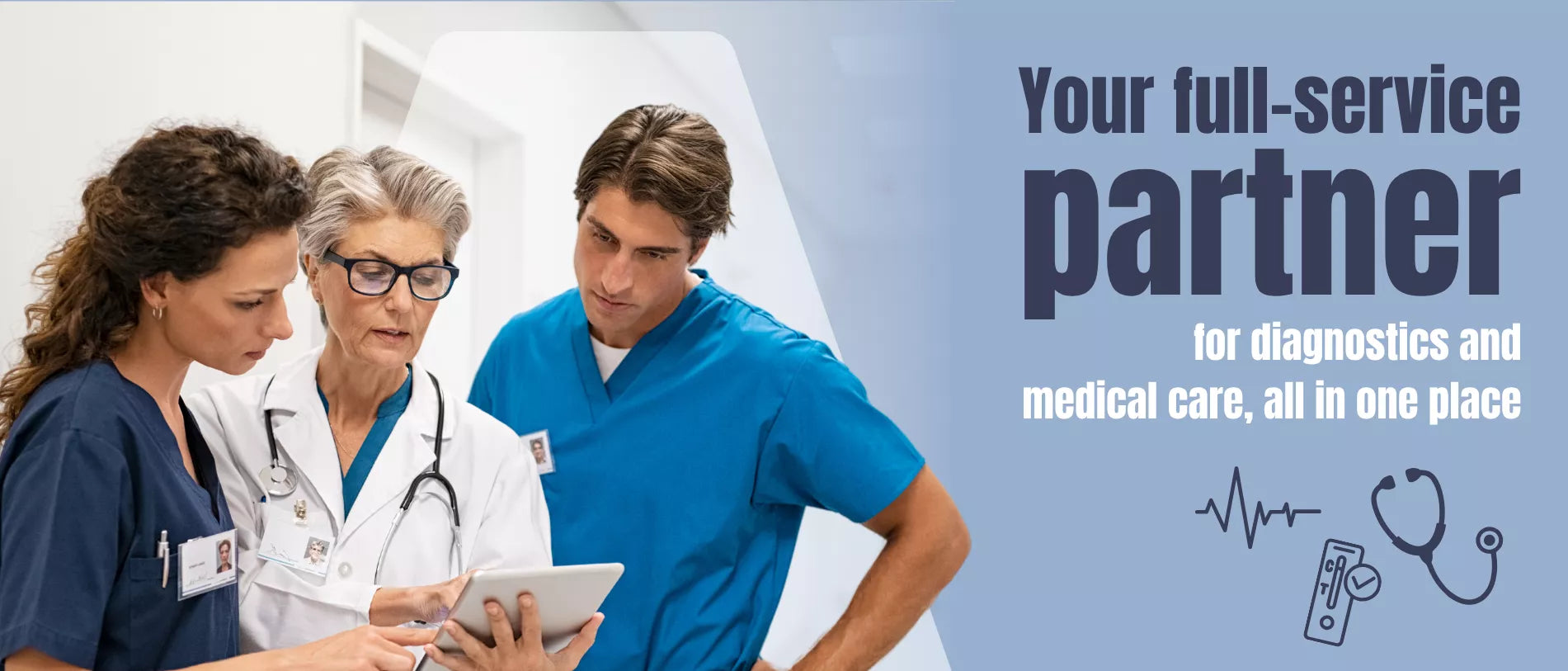 Three healthcare professionals stand together looking at a tablet, while a promotional area with medical symbols appears on the right