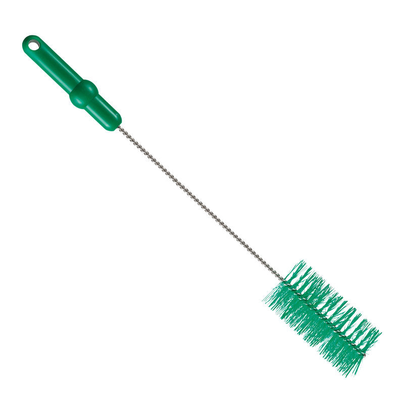 The Haug Bürsten KG tube brush PBT medium 500 x Ø60 mm in green, with a plastic grip, twisted metal handle, and cylindrical PBT bristles, is pictured on a white background.