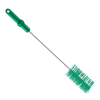The Haug Bürsten KG tube brush PBT medium 500 x Ø60 mm in green, with a plastic grip, twisted metal handle, and cylindrical PBT bristles, is pictured on a white background.