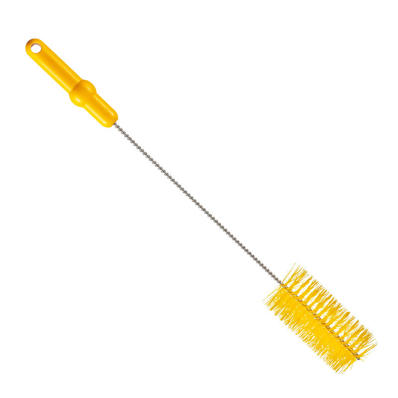 The Haug Bürsten KG tube brush PBT medium (500 x Ø60 mm, yellow) features a long, twisted metal handle with a plastic grip and cylindrical, stiff bristles, making it ideal for thorough pipe cleaning.