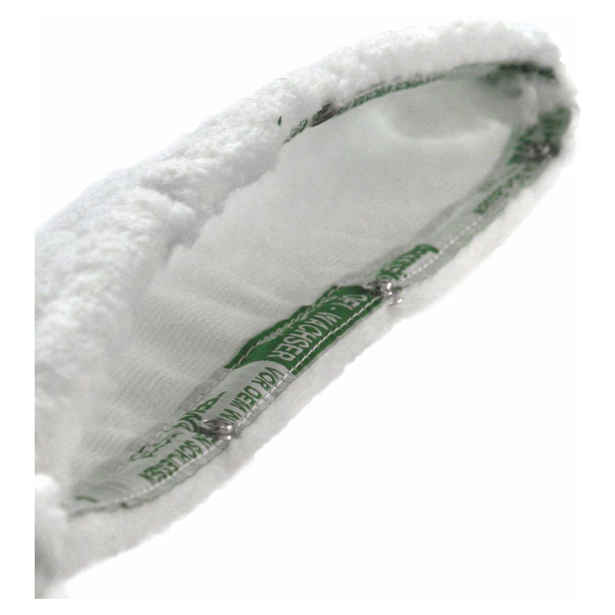 Close-up of the inside of an Arcora Floor-Finish Profi Waxer Cover White From Microfiber (40 cm) by Arcora International GmbH, with white microfiber texture, green label with printed text, and visible seams.