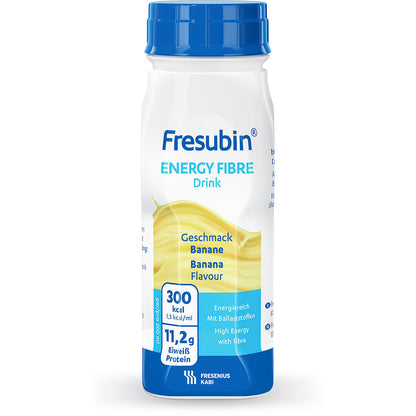 Soláthraíonn deoch snáithín fuinnimh Fresubin 200 ml ó Fresenius Kabi Deutschland GmbH le blas banana 300 kcal, 11.2 g próitéin agus snáithíní. Tá an buidéal maisithe le lipéad gorm-bán le buaicphointí buí.