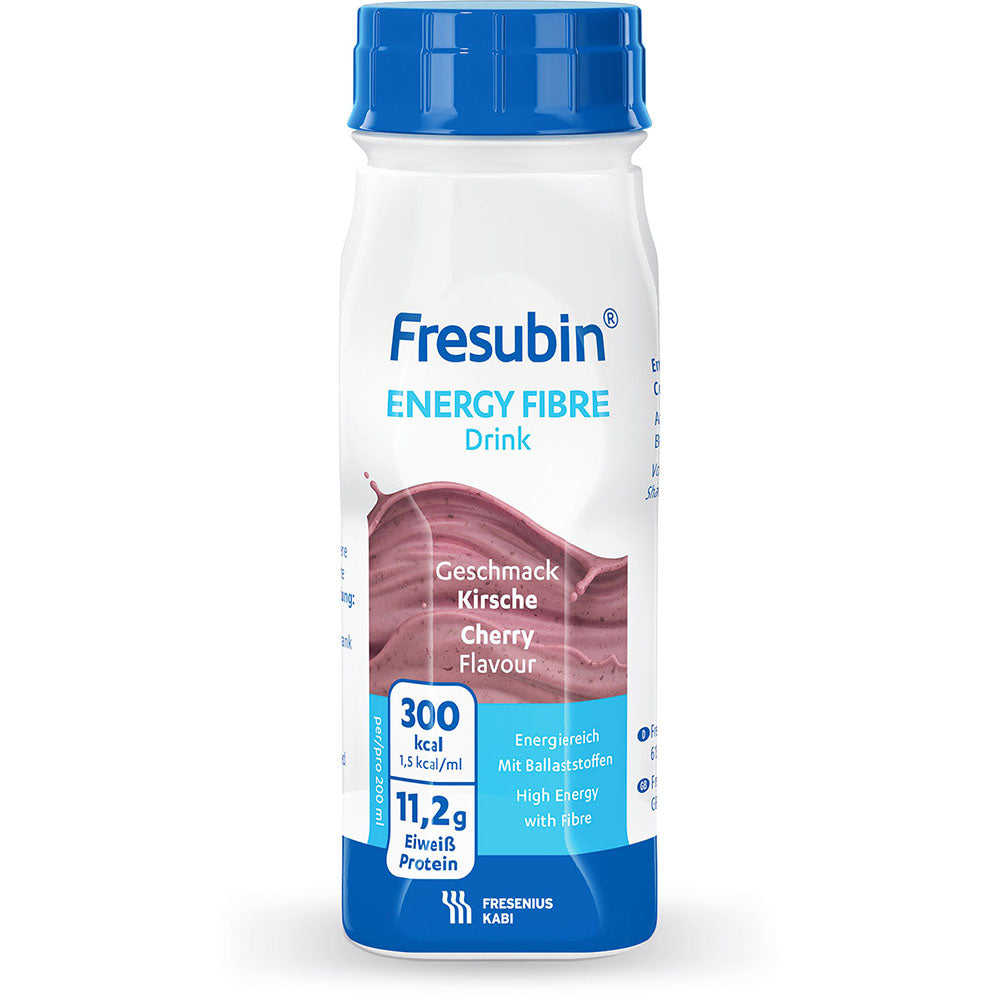 Soláthraíonn buidéal 200 ml deoch snáithín fuinnimh Fresubin (Fresenius Kabi Deutschland GmbH), le blas silíní, 300 kcal, 11.2 g próitéin agus tá sé saibhir i bhfuinneamh le snáithíní. Tá an buidéal bán le buaicphointí gorma agus corcra.