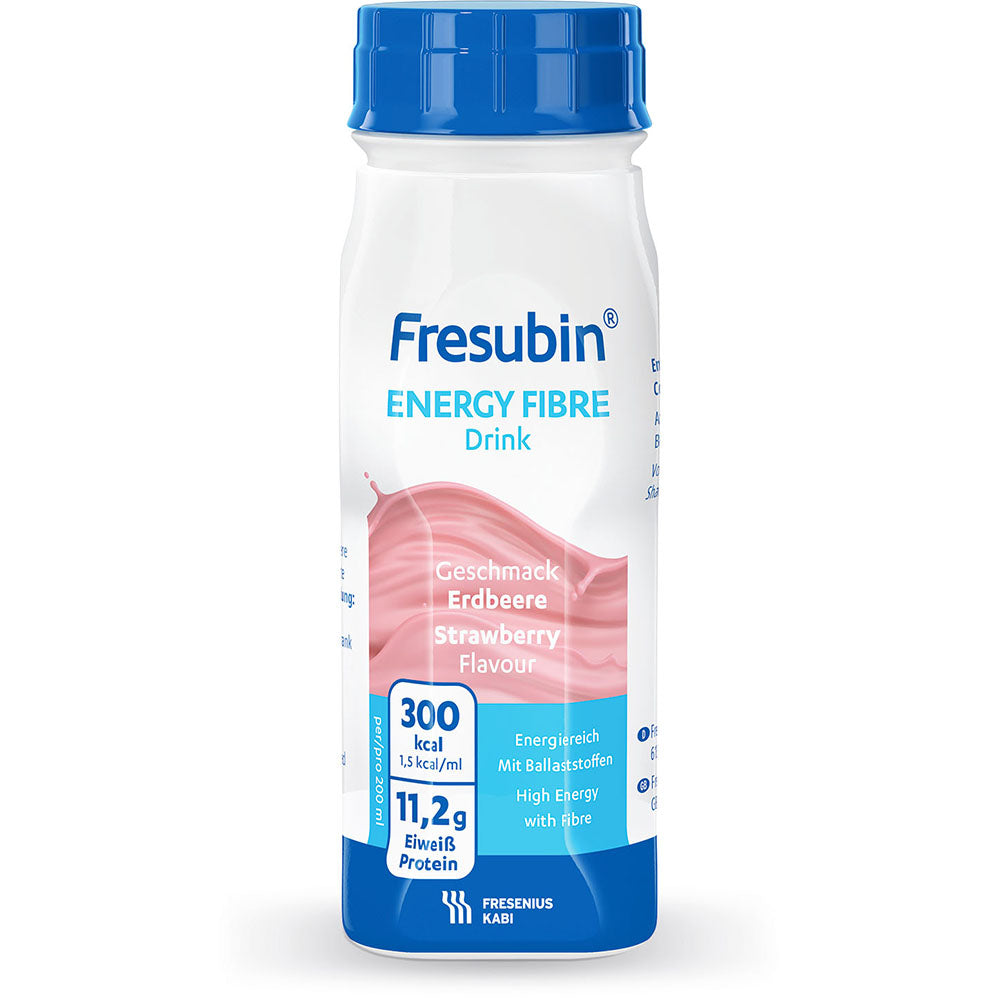 Soláthraíonn buidéal 200 ml deoch snáithín fuinnimh Fresubin ó Fresenius Kabi Deutschland GmbH le snáithín breise 300 kcal agus 11.2 g próitéin. Tá blas sú talún ar an mbuidéal, le clúdach gorm agus lipéad bán le cló gorm agus bándearg.