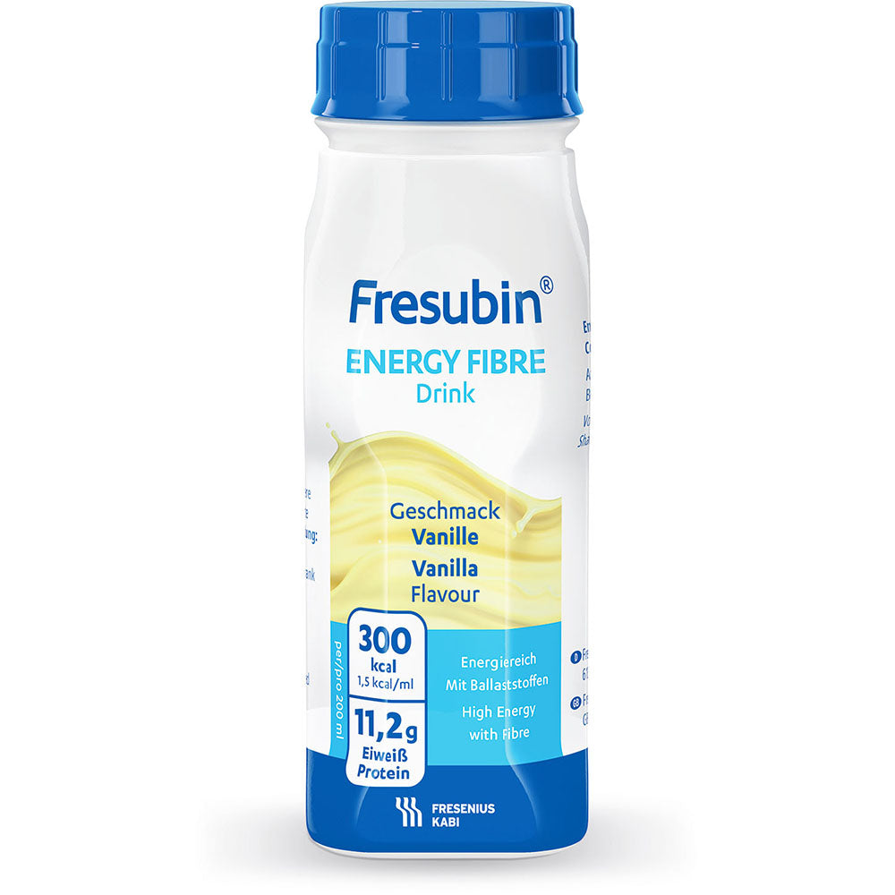 Tá buidéal 200 ml deoch snáithín fuinnimh Fresubin ó Fresenius Kabi Deutschland GmbH, le blas fanaile, clóite i gorm-bán agus tá sé lán le faisnéis chothaithe: 300 kcal, 11.2 g próitéin agus ábhar ard fuinnimh agus snáithíní.