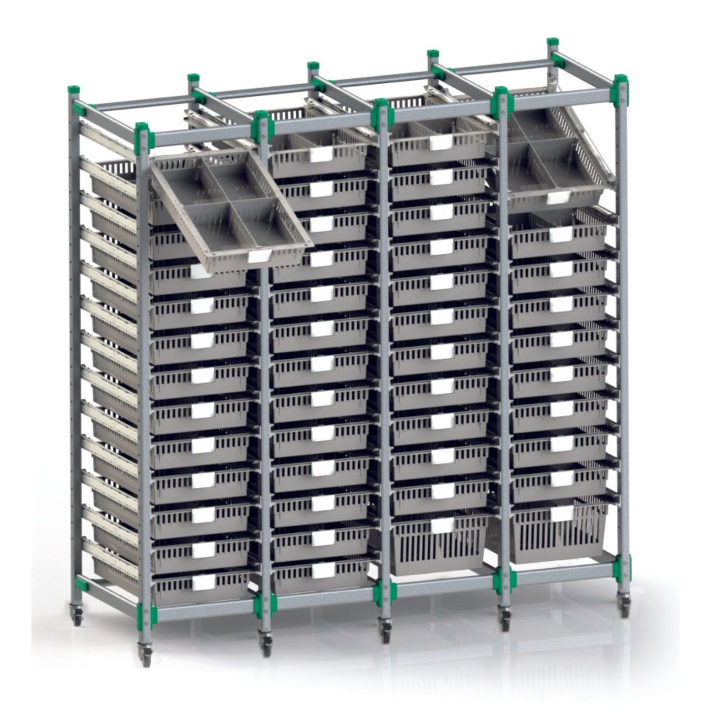 The Novocal FlexiStore shelving system made of anodized aluminum (1 base shelf 400 x 600) is on wheels, holds numerous gray containers, with two tilted out at the top, and is supported by rods with green accents.