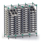 The Novocal FlexiStore shelving system made of anodized aluminum (1 base shelf 400 x 600) is on wheels, holds numerous gray containers, with two tilted out at the top, and is supported by rods with green accents.