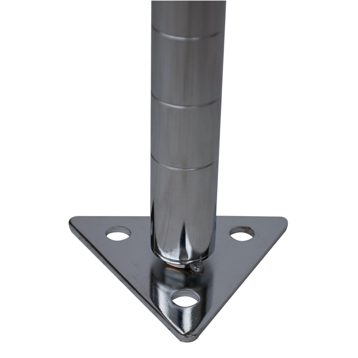 Close-up of the Novocal base plate - perfect for securely fastening free-standing shelves to the floor. The image shows detailed views of the triangular base with three holes, which is supplied as a single pack (1 piece) by Novocal.