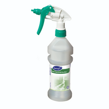 A green and white spray bottle with the inscription "Room Care R10 Pur-Eco, refill bottle incl. dispenser tape" from Diversey Deutschland GmbH & Co. OHG (0.3L), environmentally friendly and suitable for Divermite/DQFM, against a white background.