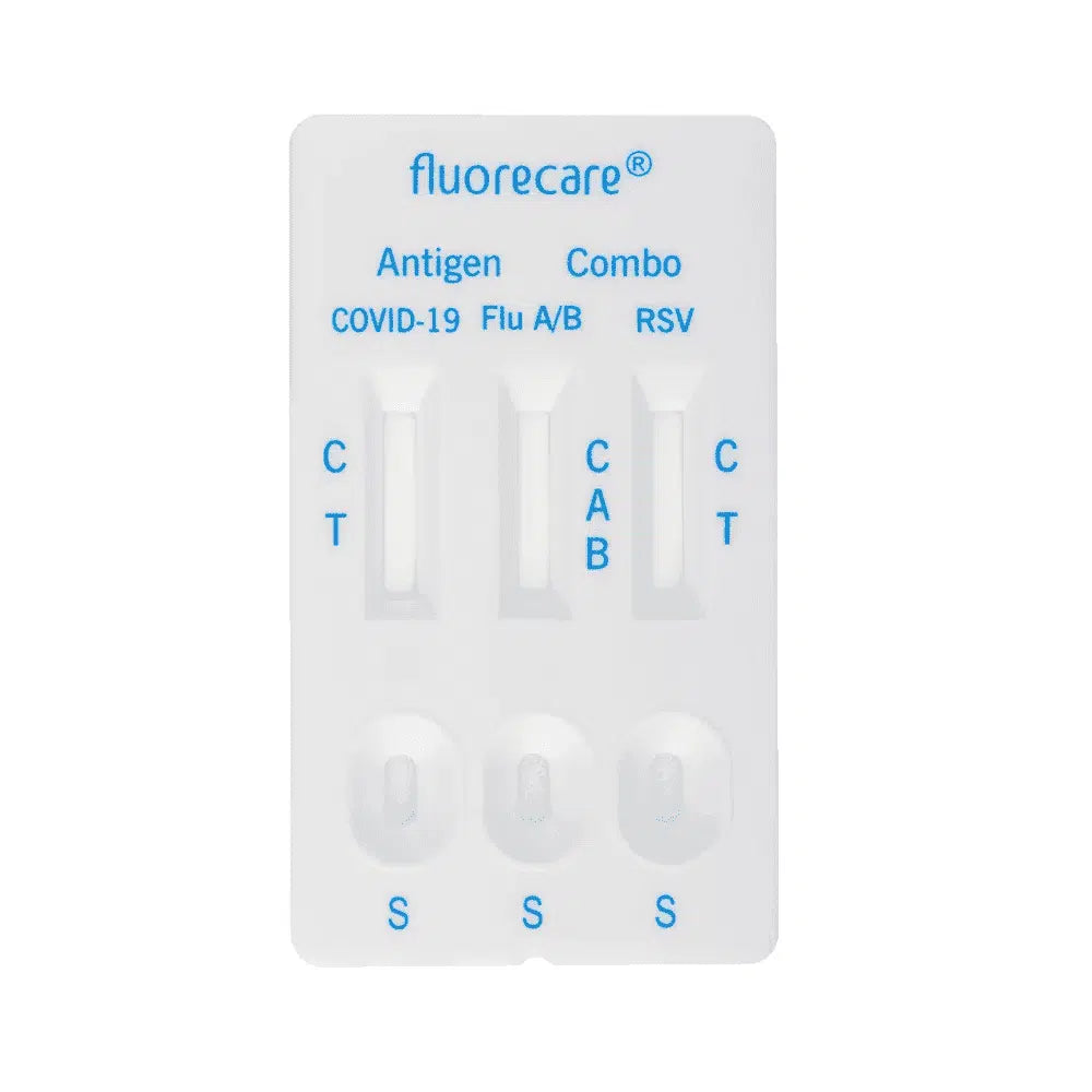 The Fluorecare SARS-CoV-2, Influenza A + B & RSV Antigen Combo Test is a complete solution for detecting COVID-19, Influenza A/B, and RSV. This convenient test strip features clearly recognizable sections with the markings C, A, B, and T, as well as small result windows to efficiently perform SARS-CoV-2 tests and Influenza A/B and RSV antigen tests.
