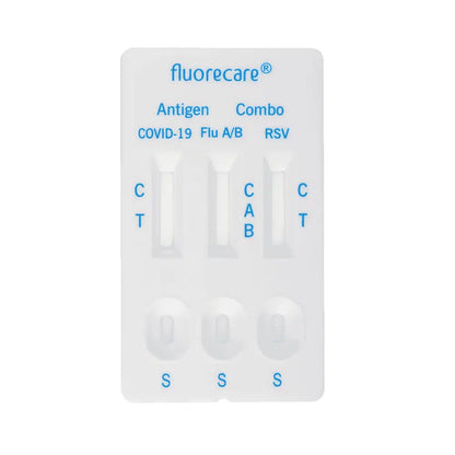 The Fluorecare SARS-CoV-2, Influenza A + B & RSV Antigen Combo Test is a complete solution for detecting COVID-19, Influenza A/B, and RSV. This convenient test strip features clearly recognizable sections with the markings C, A, B, and T, as well as small result windows to efficiently perform SARS-CoV-2 tests and Influenza A/B and RSV antigen tests.
