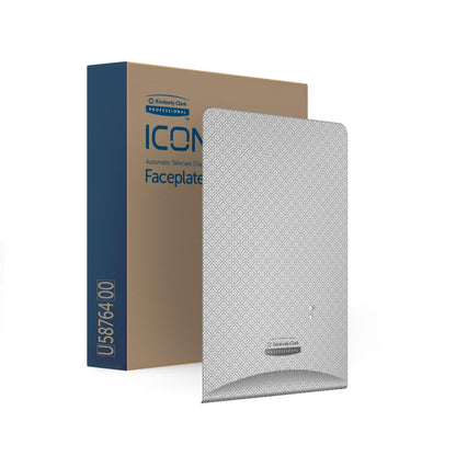 Tá an pláta aghaidhe Kimberly-Clark Professional™ Icon™ Dispenser Faceplate - eSkinCare (20.32 x 27.30 x 3.81 cm) ó Kimberly-Clark GmbH curtha i láthair i mbosca donn-gorm le patrún diamant liath éadrom agus lógó branda ag an mbun.