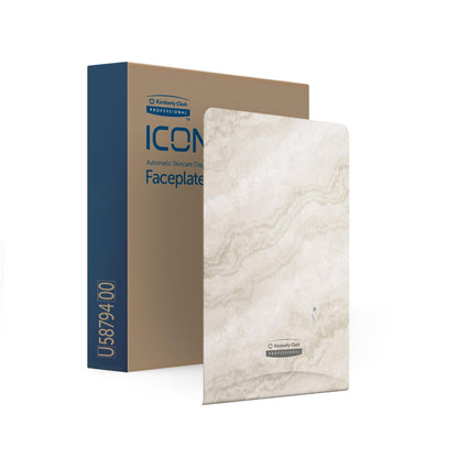 Tá pláta aghaidhe Kimberly-Clark GmbH Professional™ Icon™ Dispenser Faceplate le haghaidh eSkinCare (20.32 x 27.30 x 3.81 cm) ina sheasamh in aice leis an mbosca "Faceplate", a dhéanann gach cithfholcadán galánta lena dhearadh marmor beige.