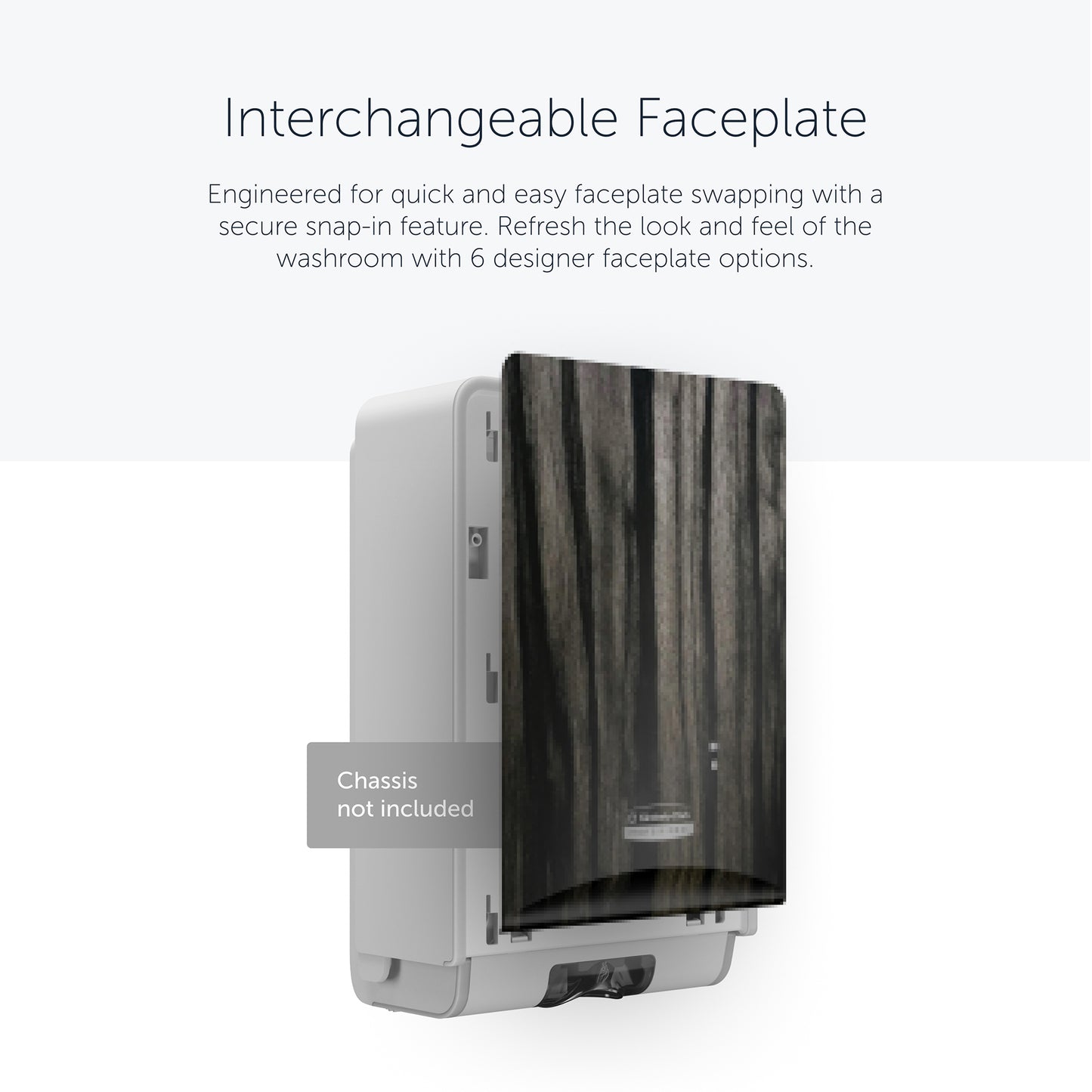 Taispeántar pláta tosaigh dáileoir Kimberly-Clark Professional™ Icon™ (eSkinCare, 20.32 cm x 27.30 cm x 3.81 cm) de chuid Kimberly-Clark GmbH le grán adhmaid dorcha. Tá lipéad ann a deir "Gan chassis san áireamh". Cuireann athruithe tapa ar phláta tosaigh ar chumas an leithris a choigeartú go héasca.