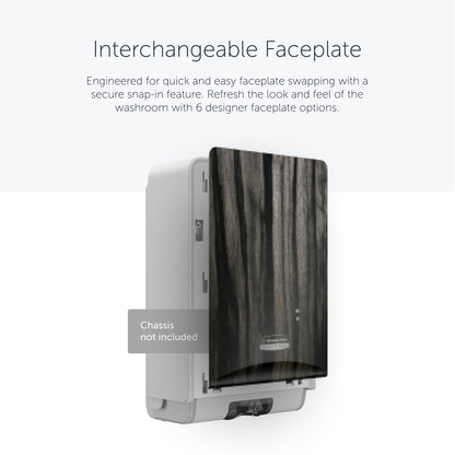 Taispeántar pláta tosaigh dáileoir Kimberly-Clark Professional™ Icon™ (eSkinCare, 20.32 cm x 27.30 cm x 3.81 cm) de chuid Kimberly-Clark GmbH le grán adhmaid dorcha. Tá lipéad ann a deir "Gan chassis san áireamh". Cuireann athruithe tapa ar phláta tosaigh ar chumas an leithris a choigeartú go héasca.