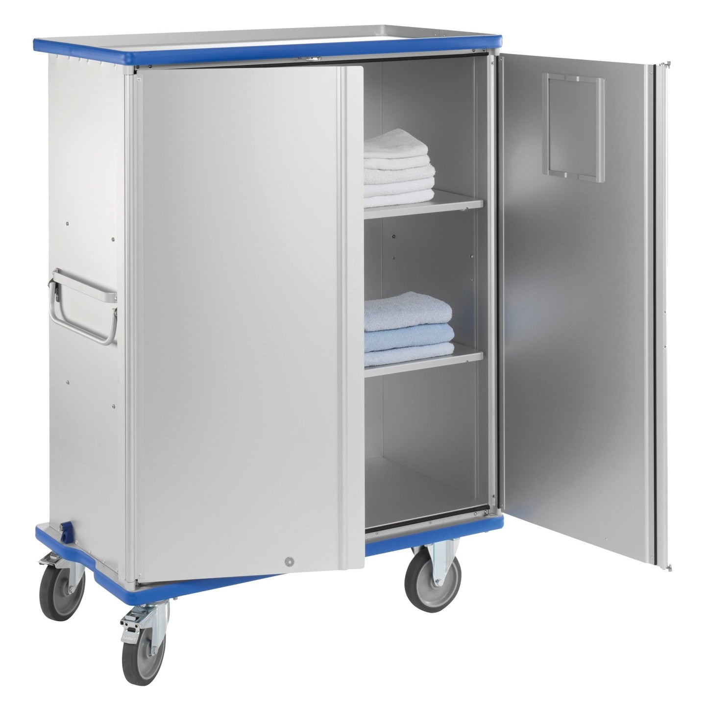 Taispeánann carbhán cófra Novocal déanta as alúmanam anodáilte le dhá dhoras sciatháin is féidir a rothlú 270° agus láimhseálacha taobh, glas lárnach agus ceithre roth, dhá sheilf le tuáillí bána agus gorma fillte.