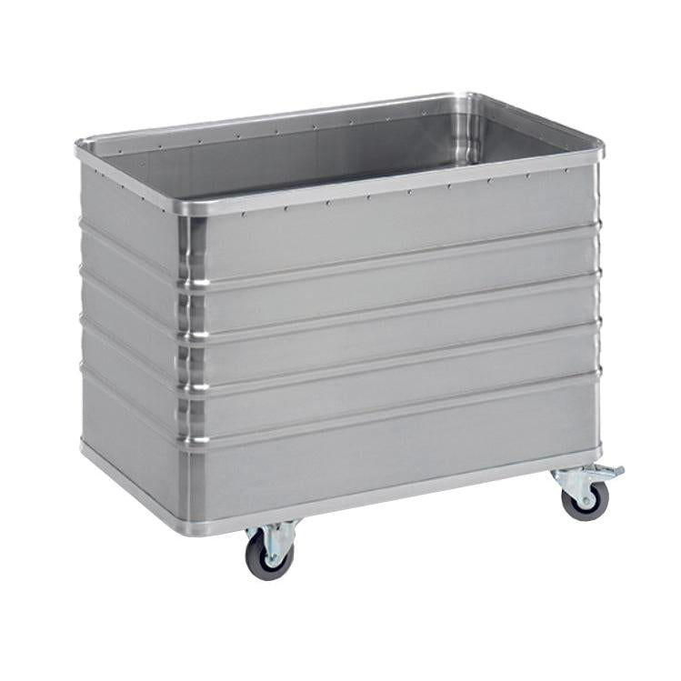 The Novocal transport container is a rectangular aluminum cart with a volume of 322 liters, ribbed sides, open top, and 2 fixed and 2 swivel castors (Ø100 mm), ideal for industrial or commercial use. Brand: Novocal.