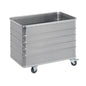 The Novocal transport container is a rectangular aluminum cart with a volume of 322 liters, ribbed sides, open top, and 2 fixed and 2 swivel castors (Ø100 mm), ideal for industrial or commercial use. Brand: Novocal.
