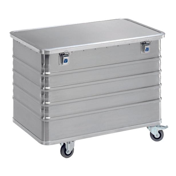 The Novocal transport container made of aluminum with a volume of 322 l features a hinged lid, two locks, and four castors (2 fixed & 2 swivel, Ø100 mm) for secure storage and easy mobility. Brand: Novocal.
