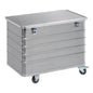 The Novocal transport container made of aluminum with a volume of 322 l features a hinged lid, two locks, and four castors (2 fixed & 2 swivel, Ø100 mm) for secure storage and easy mobility. Brand: Novocal.