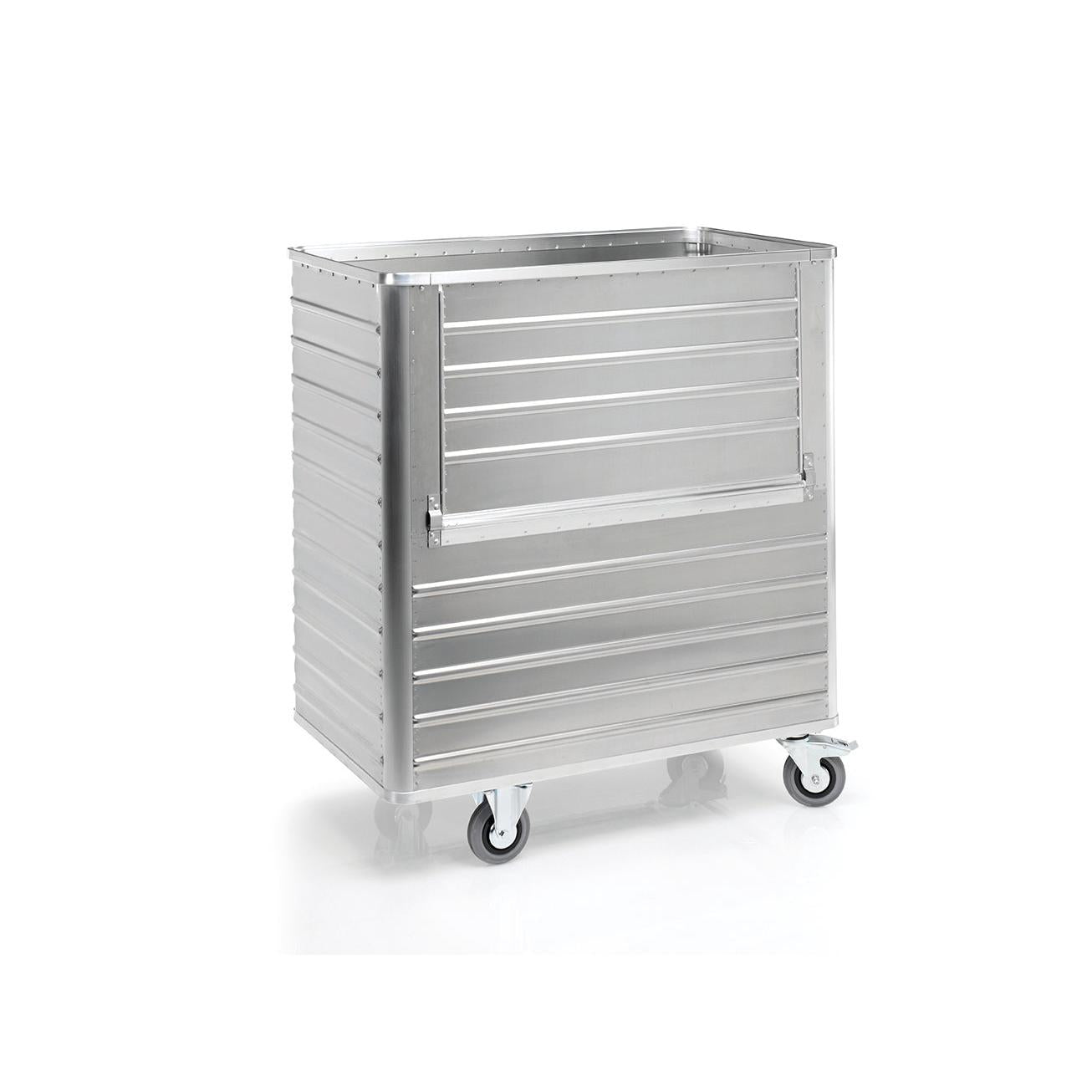 A large rectangular Novocal transport container made of aluminum with a fold-down front wall, 2 fixed and 2 swivel castors, stands against a white background.
