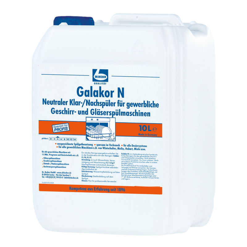 A 10-liter canister made of white plastic with Dr. Becher Galakor N Clear/Rinse Aid for commercial dishwashers and glass washers. The label in German with blue and orange lettering contains application instructions and product information. Brand: Dr. Becher GmbH.