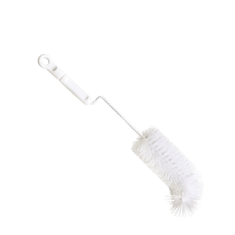 Die Haug Bürsten KG BABYFLASCHENBÜRSTE, NYLON 6.0 WEIß, ø0,35mm weich, 310xø50mm verfügt über einen weißen weichen Nylonbürstenkopf mit gedrehtem Metallstiel und Kunststoffgriff mit Aufhängeloch - ideal für die einfache Reinigung von Babyflaschen.