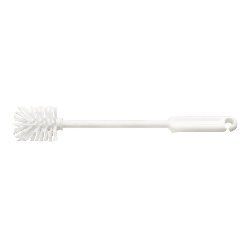 The Haug Bürsten KG BABY BOTTLE BRUSH, NYLON 6.6 WHITE, ø0.30MM MEDIUM, 320Xø50MM is a white bottle brush with a long handle and nylon bristles for cleaning baby bottles or narrow containers. A hanging hole is included; depicted on a plain white background.
