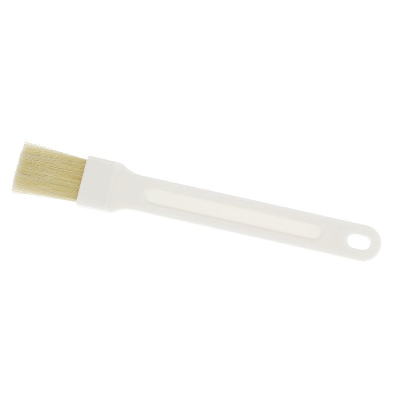 A white plastic FLAT BRUSH, PBT Ø0.20MM baking brush from Haug Bürsten KG with light PBT bristles and a hole at the end of the handle, depicted on a plain white background.