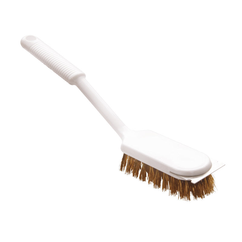 The Haug Bürsten KG GRILL BRUSH has stiff Ø0.25 mm brass bristles, a flat rectangular head, and a sturdy plastic handle with scraper - ideal for cleaning grills. Pictured on a plain white background.
