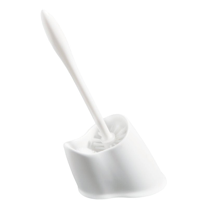 The Haug Bürsten KG WC SET ANGLED, POT SHAPE WITH BRUSH 6340 in white (165x130x405 mm) is a bathroom accessory with an angled design, upright handle, matching holder, and partially visible bristles.