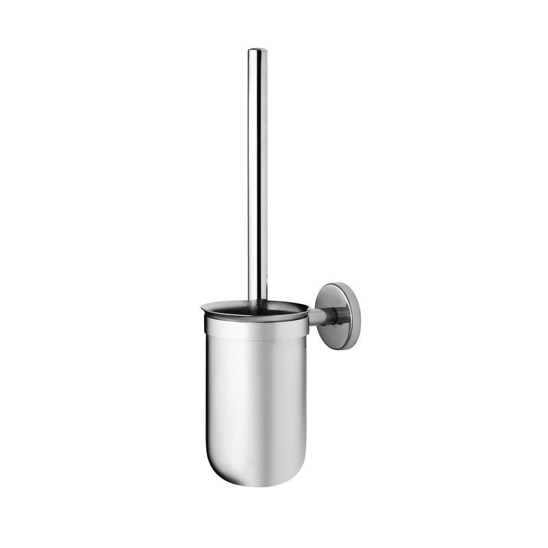 Die Haug Bürsten KG WC-EDELSTAHL-WANDGARNITUR, MIT RUNDBÜRSTE (145xø90x365mm) ist ein schlichter, wandmontierter WC-Bürstenhalter aus Edelstahl - ein unverzichtbares Bad-Accessoire mit zylindrischem Design und vertikalem Griff.