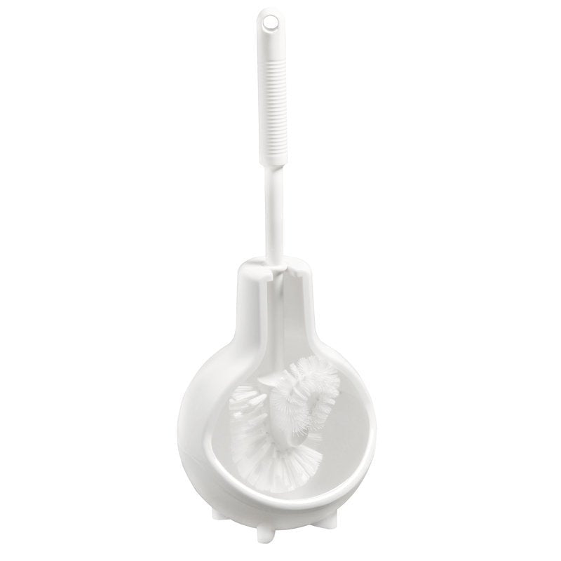 The Haug Bürsten KG WC SET "ONION", BRUSH6140 WHITE (Ø180x410mm) is a white plastic toilet set with a round holder, ribbed handle, and hanging hole - ideal for any bathroom.