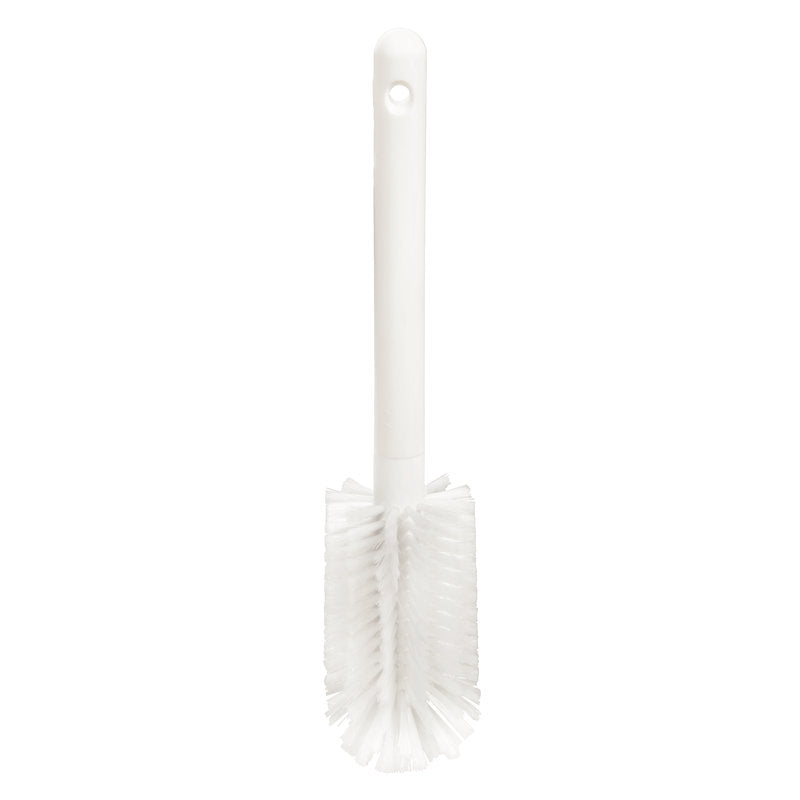 The Haug Bürsten KG GLASS AND ICE MACHINE BRUSH NYLON 6.0 WHITE, ø 0.35MM MEDIUM is a white nylon cleaning brush with firm, cylindrical bristles and a long handle with a hanging hole.