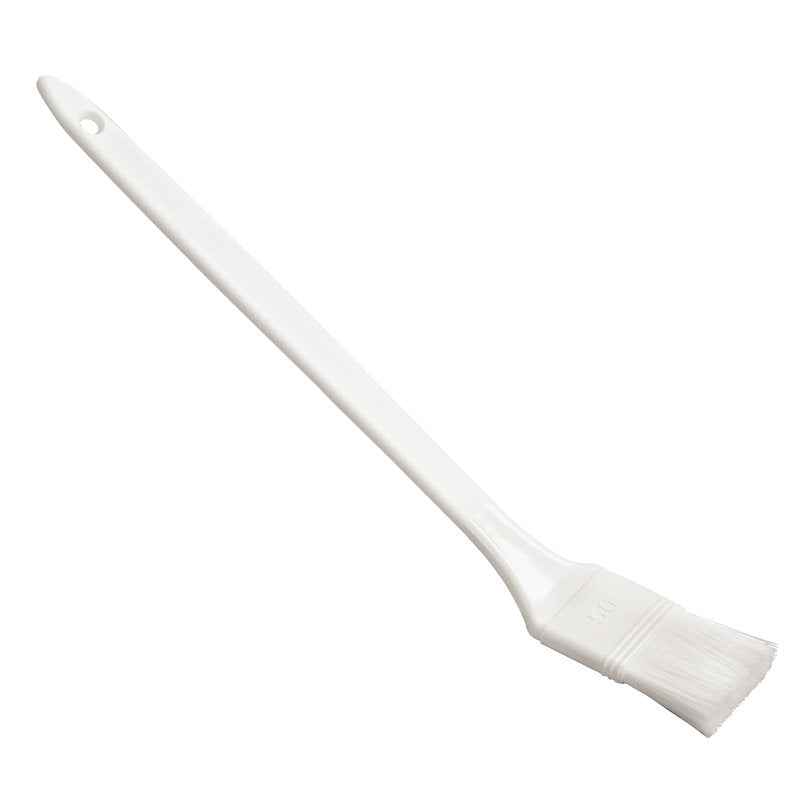 The GRILL BRUSH WITH LONG HANDLE PBT WHITE GESP. Ø 0.25MM SOFT from Haug Bürsten KG features a white plastic handle with a hole for hanging and flat, straight, soft PBT bristles; depicted on a white background.