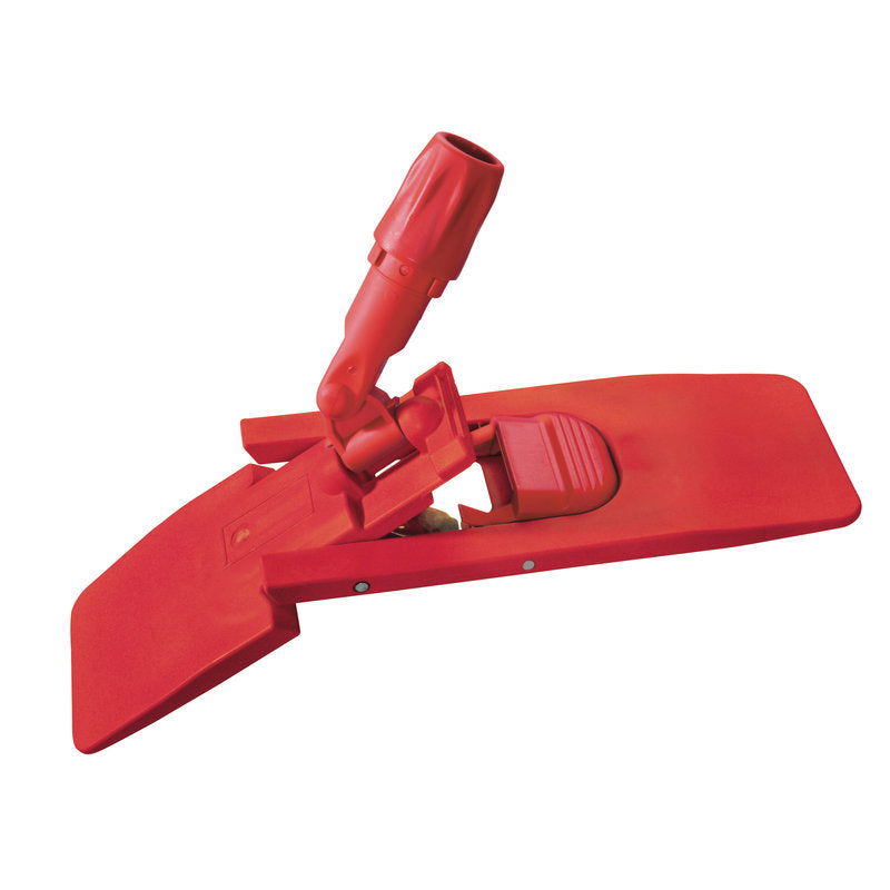 The Haug Bürsten KG folding holder with magnetic closure 500X130MM - red is a red plastic folding holder with an adjustable swivel joint and flat 500x130mm base, ideal for attaching and securing mops during cleaning. Available per piece or in packs of 10.