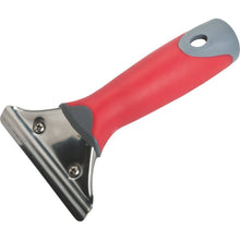 The WINDOW WIPER HANDLE, STAINLESS STEEL from Haug Bürsten KG has an ergonomic red-gray handle and a wide blade with two screws, which is perfect for removing material from flat surfaces when cleaning windows. Suitable for Art. 8525, 8535, 8545, 8689.